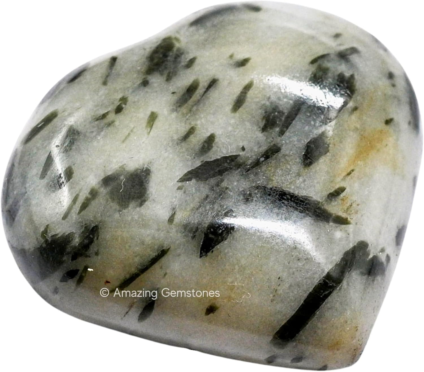Amazing Gemstone Green Tourmaline in Quartz Crystal Heart Palm Stone - Pocket Massage Worry Stone for Natural Body Chakra Balancing, Reiki Healing and Crystal Grid