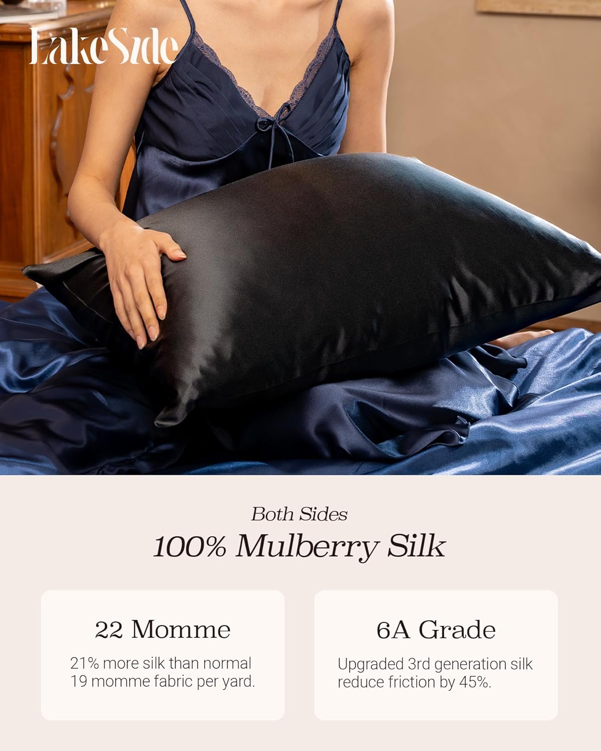Oriental Lakeside® 100% Pure 22 Momme Mulberry Silk Pillowcase with Hidden Zipper - Nighttime Skincare & Hair Care Hydrating Pillow Cover