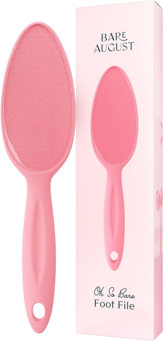Bare August Glass Foot File Callus Remover for Feet - Heel Scraper & in Shower Foot Scrubber Dead Skin Remover - Pedicure Foot Buffer for Soft Feet (with Handle, Pink)