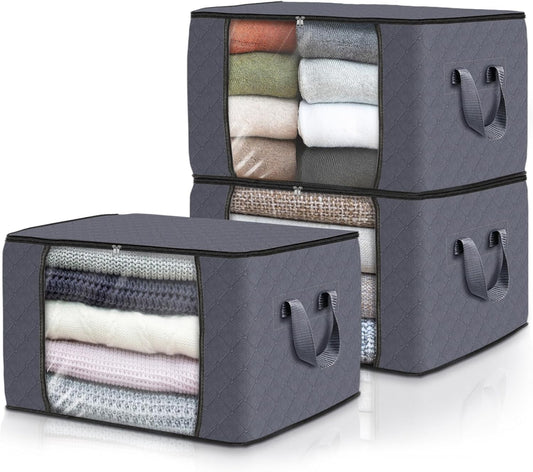 Fab totes 3-Pack Clothes Storage, Foldable Blanket Storage Bags, Containers for Organizing Bedroom, Closet, Clothing, Comforter, Organization with Lids and Handle, Grey