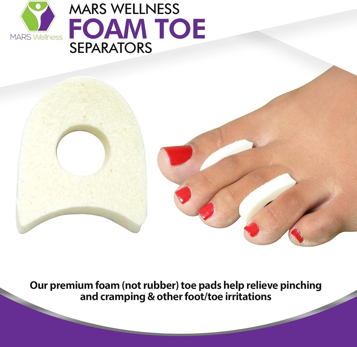 Premium Foam Toe Separators for Women and Men - Made in USA - Foam Toe Spacers for Corn, Blister, and Hammer Toe Relief - 1/4 Inch (50 Pack)