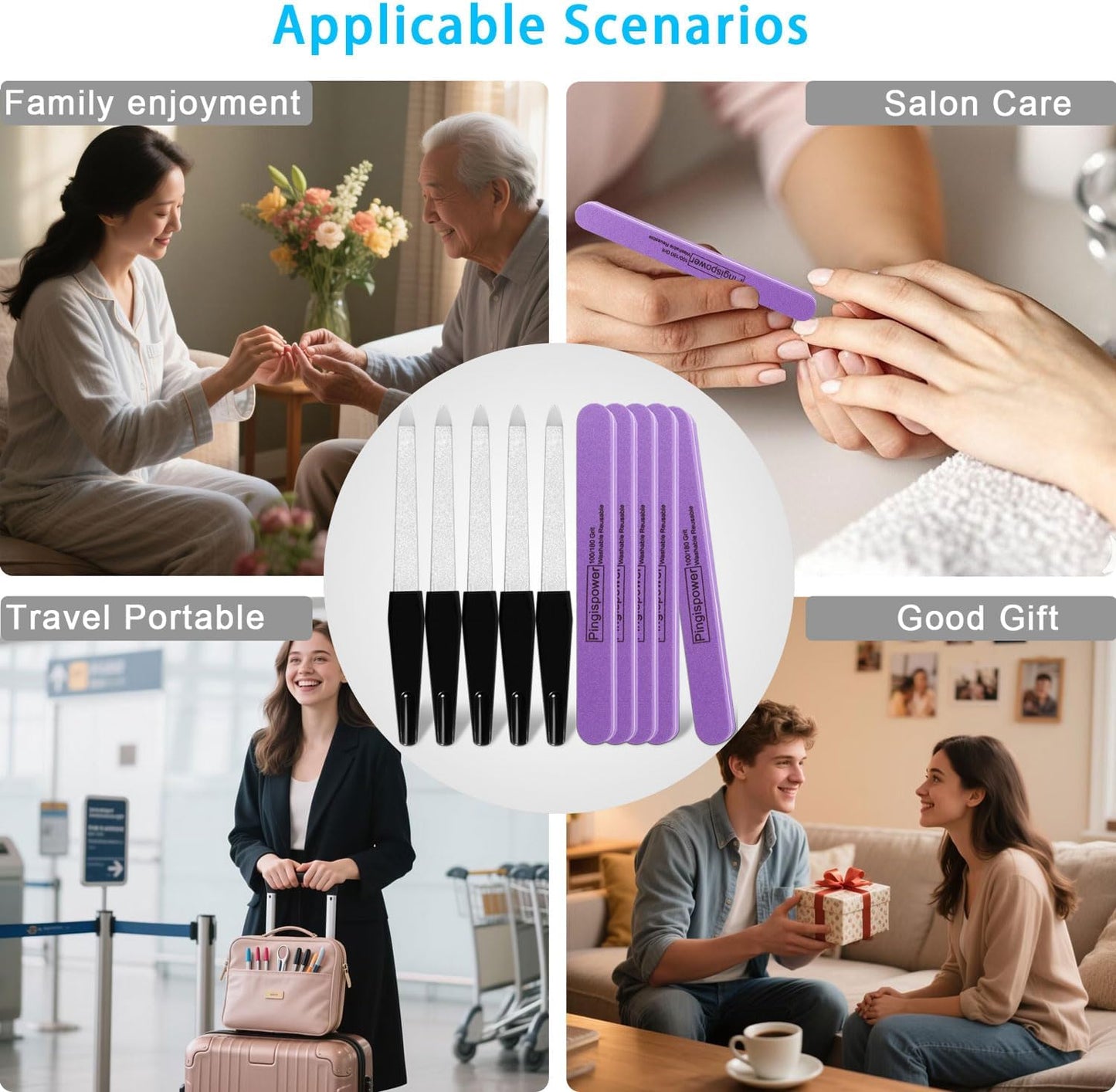 Nail File, 10PCS Professional Metal Nail Files and Buffers Block (100/180 Grit) for Natural Nails, Double Sided Washable & Reusable Manicure Kit for Women, Home & Salon Travel