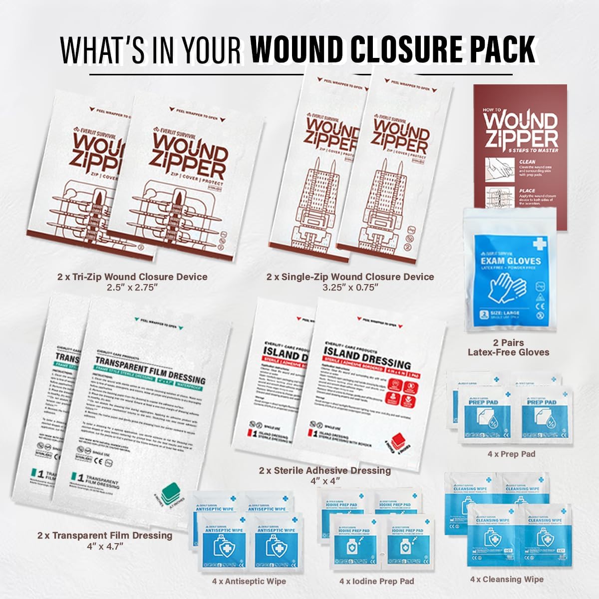 EVERLIT Wound Closure Pack | 4 Pcs Surgical Wound Zip Devices for Cut & Laceration Wound Repair | Sterile, Suture-Free, Stitch-Less Adhesive Butterfly Bandage Strips for Emergency First Aid Care