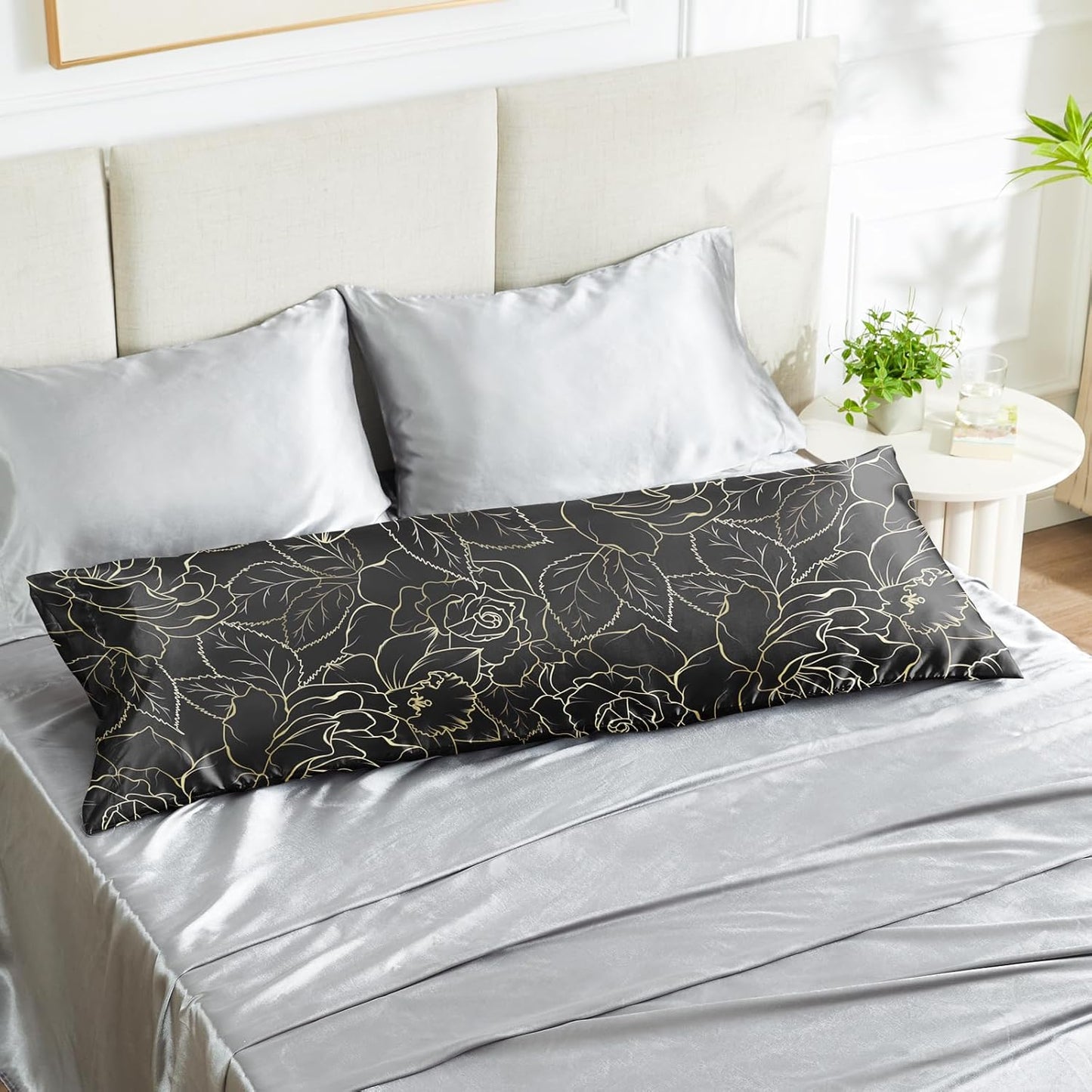 EXQ Home Satin Body Pillowcase for Hair and Skin- Rose on Black Silk Long Pillowcase 20x54 inches - Satin Pillow Cases with Envelope Closure, Gifts for Women