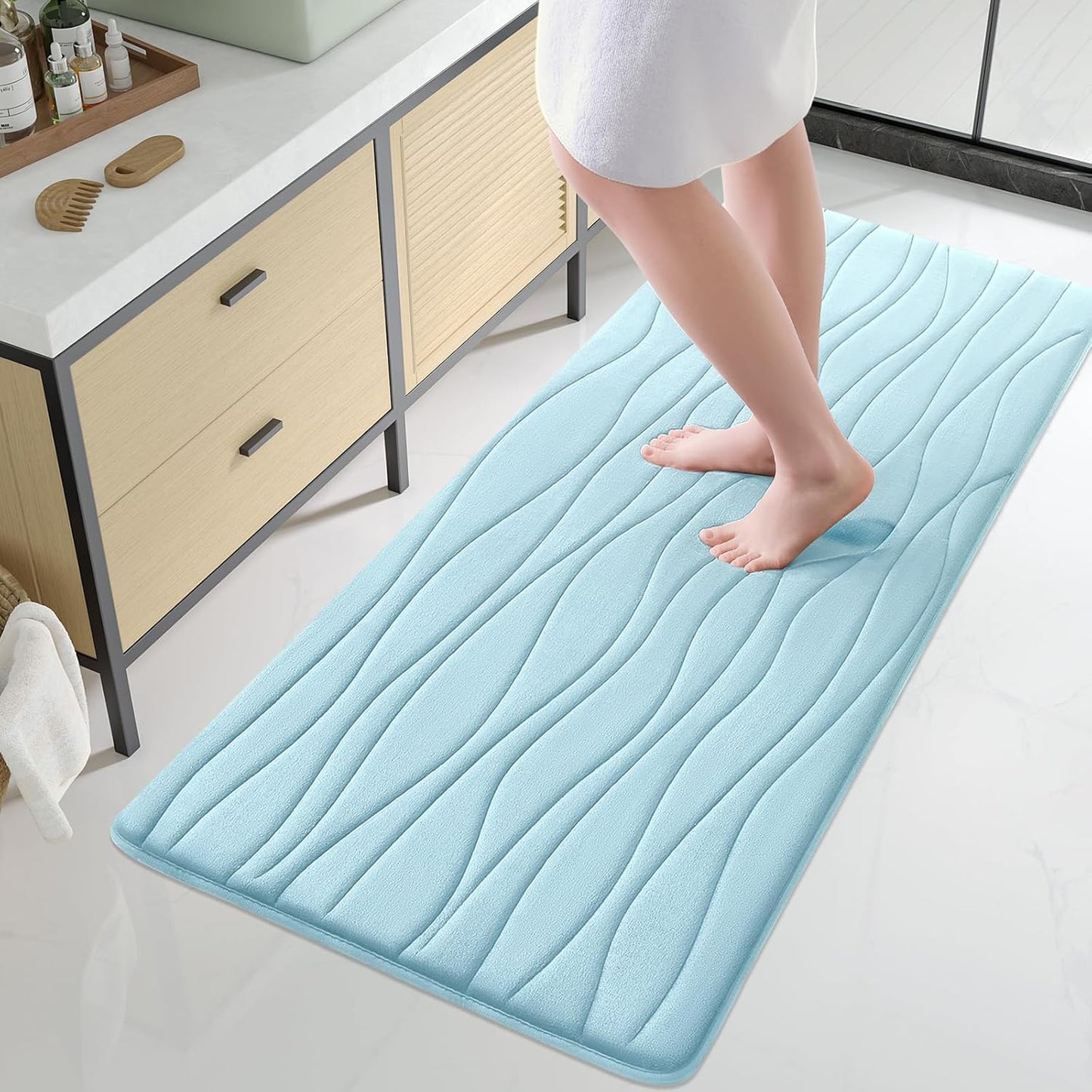 Buganda Memory Foam Bathroom Rug Mat 47x24, Extra Soft and Absorbent Bath Mats, Non-Slip and Machine Washable Bath Rugs for Bathroom Floor,Tub and Shower, Sky Blue