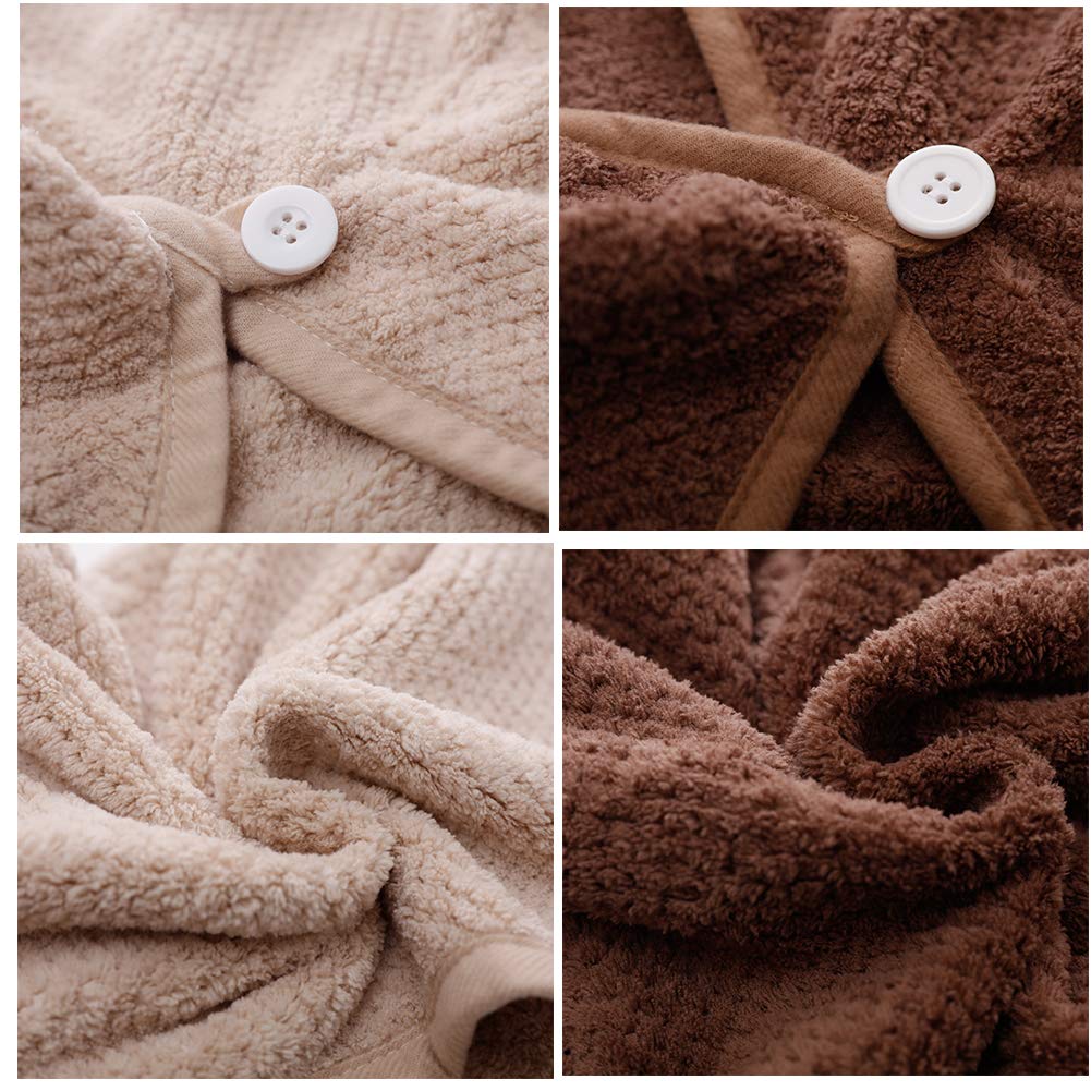 2 Pack Hair Drying Towels,Hair Wrap Towels,Absorbent Microfiber Hair Towel Turban with Button Design to Dry Hair More Quicker（Khaki&Coffee）