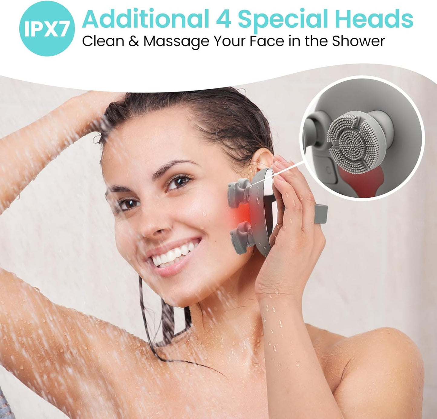 Portable Electric Scalp Massager - Rechargeable IPX7 Waterproof Heated Scalp Massager w/ 100 Kneading Nodes, 3 Speed Modes, 2 Massage Styles, 8 Claws for Scalp/Body Massage & Face Cleaning (Silver）