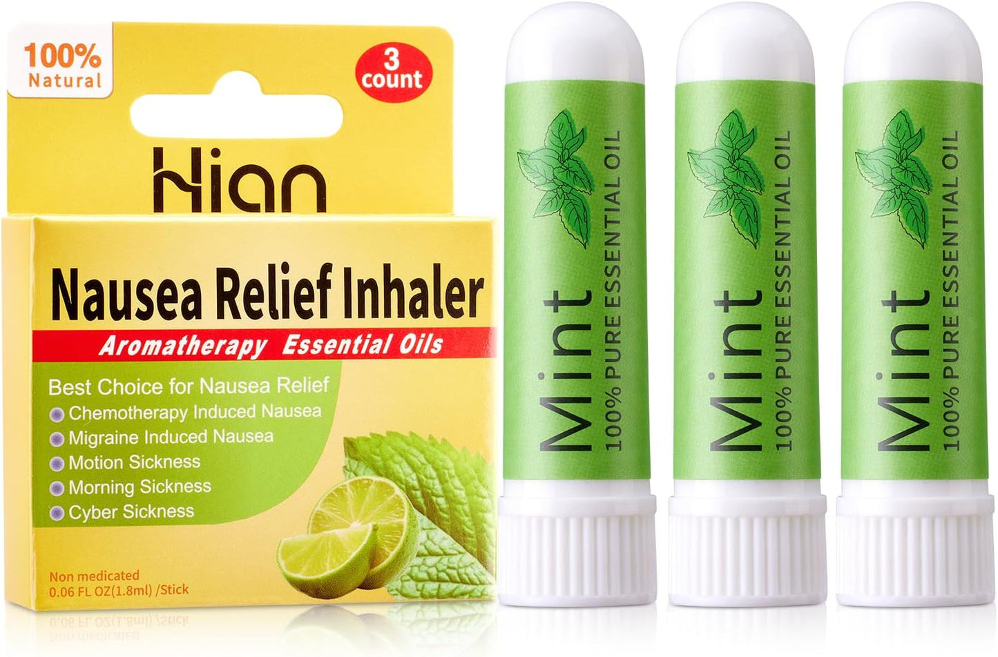 Hion Nausea Relief Inhaler-Mint 3pcs, 100% Natural Essential Oils Inhalers