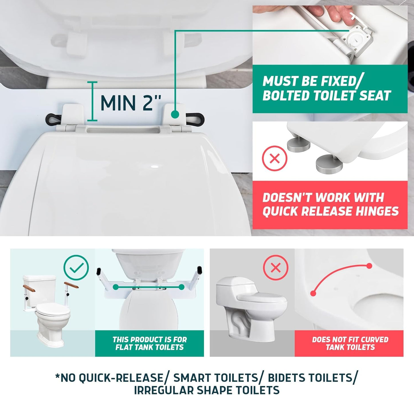 Lunderg Toilet Safety Rails for Seniors - Easy Installation & Super Sturdy Grab Bars Arms - Non-Bulky & Elegant Handicap Toilet Safety Frame - Seat Handles for Elderly, Disabled or Mobility Issues