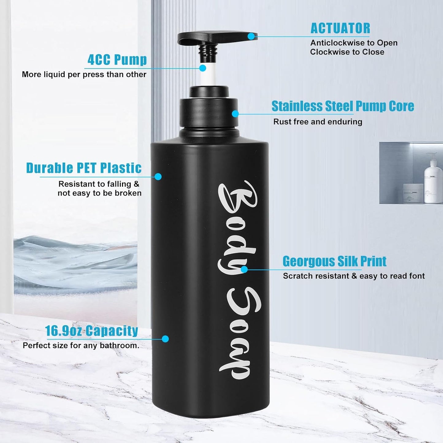 16.9oz Bathroom Soap Dispenser Set, Refillable Shampoo and Conditioner Bottles, Empty Bottles with Pump for Shampoo, Conditioner, or Body Wash, Matte Black Shower Dispensers, Set of 3