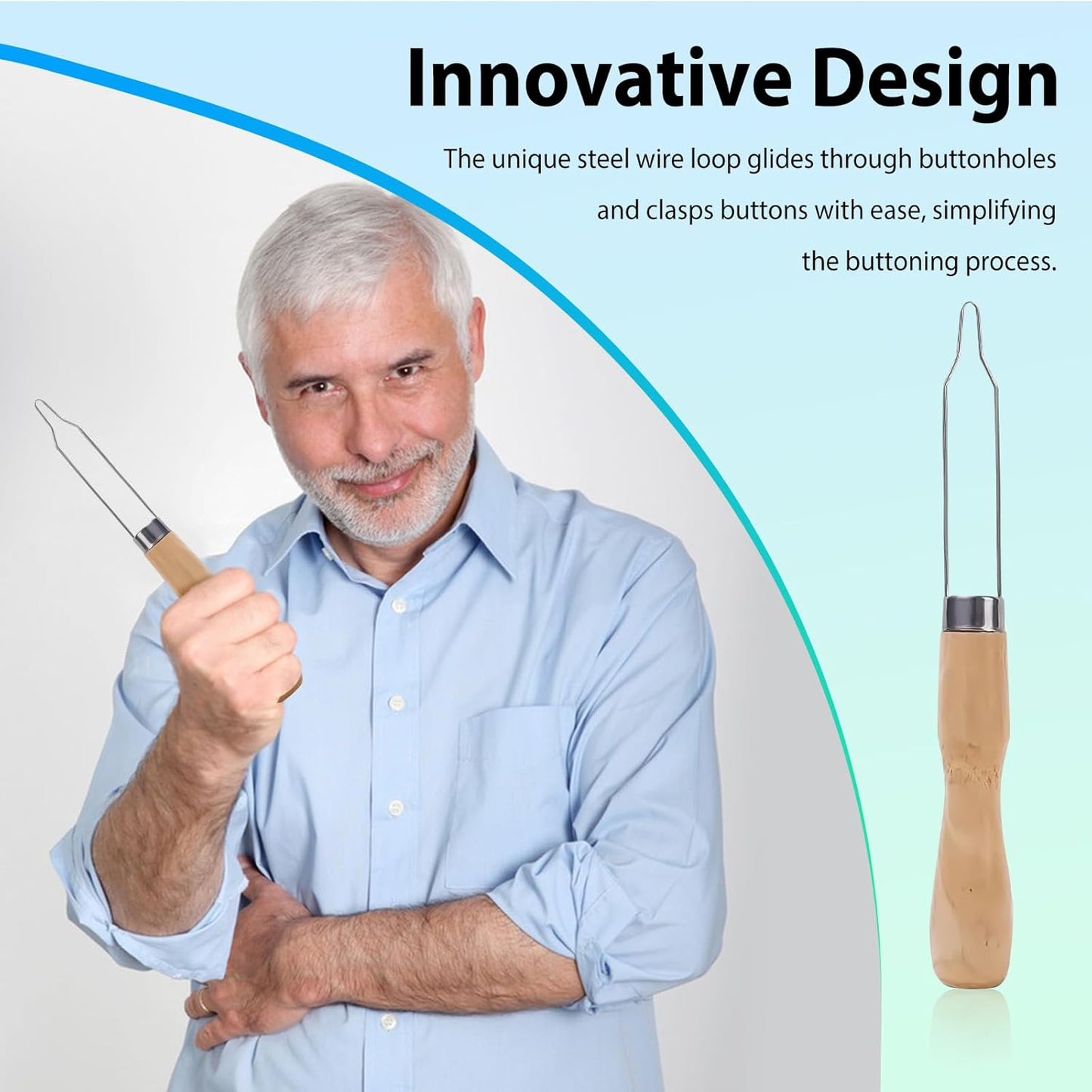 3-Pack Button Hook Assist Device with Easy-Grip Wooden Handle for Shirts, Coats, Dresses - Ideal Button Aids for Arthritis & Limited Dexterity