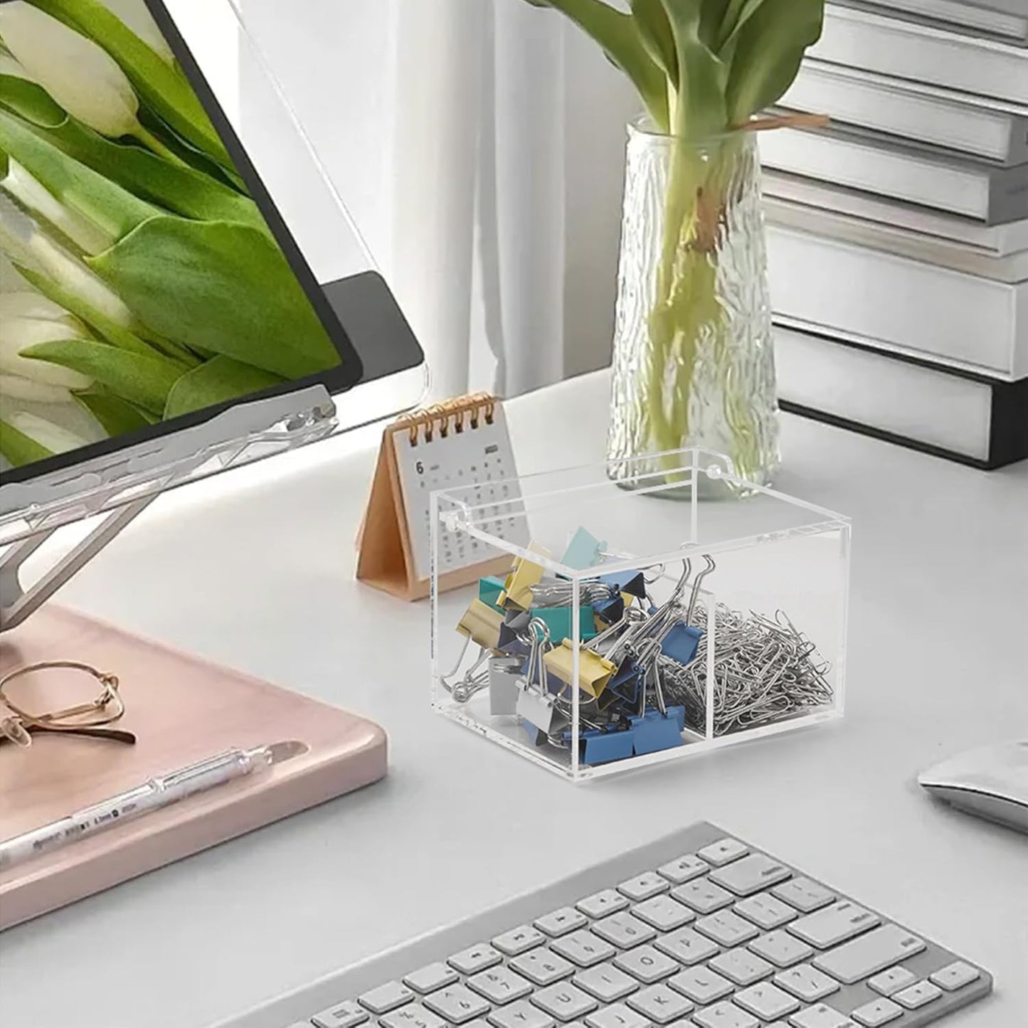 Clear Acrylic Cotton Swab Ball Holder Qtip Organizer with Lid 2-Grid Canister for Make Up Pads, Floss Picks, Vanity Storage,Bath Salts, Cosmetics, Home Bathroom Decor (DP004)