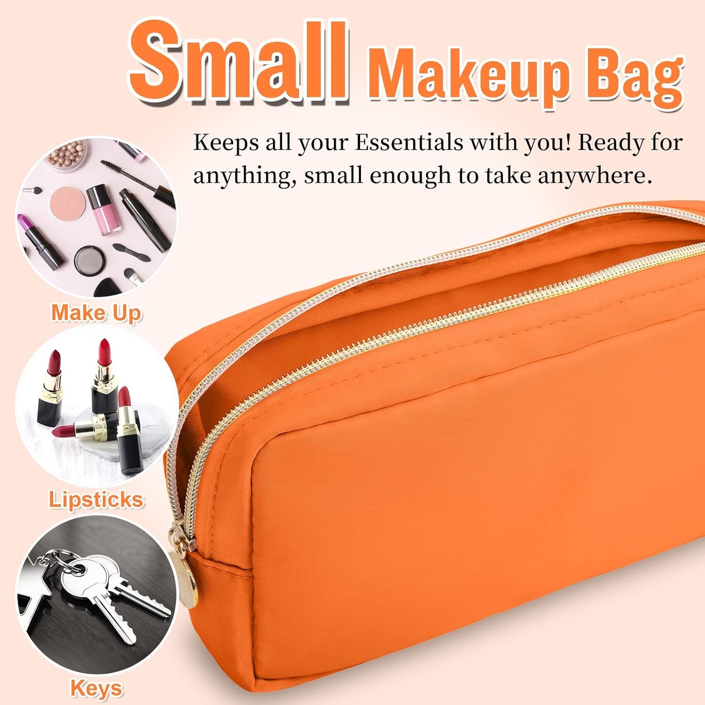 Nylon Small Makeup Bag for Purse, Cute Preppy Makeup Bag Cosmetic Zipper Pouch Purse, Waterproof Portable Travel Toiletry Bag Clutch Makeup Brush Bag Organizer Storage for Women Men Girls(Orange)