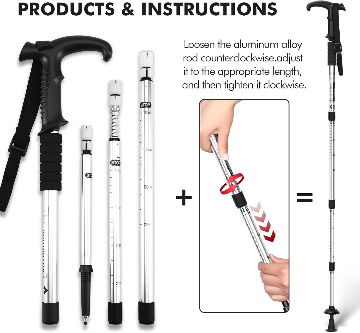 Telescopic Walking Cane 43 Inch with Anti-Shock & T-Grip Handle - 7075 Aluminum Quick Lock Trekking Pole, Ultralight for Hiking, Camping, Mountaineering