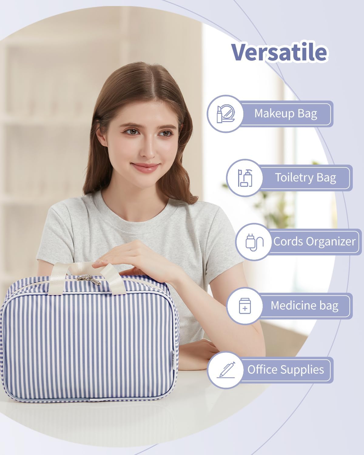 Full Size Toiletry Bag Women Large Cosmetic Bag Travel Makeup Bag Organizer Medicine Bag for Toiletries Essentials Accessories (Greyish Blue Stripe, Large)