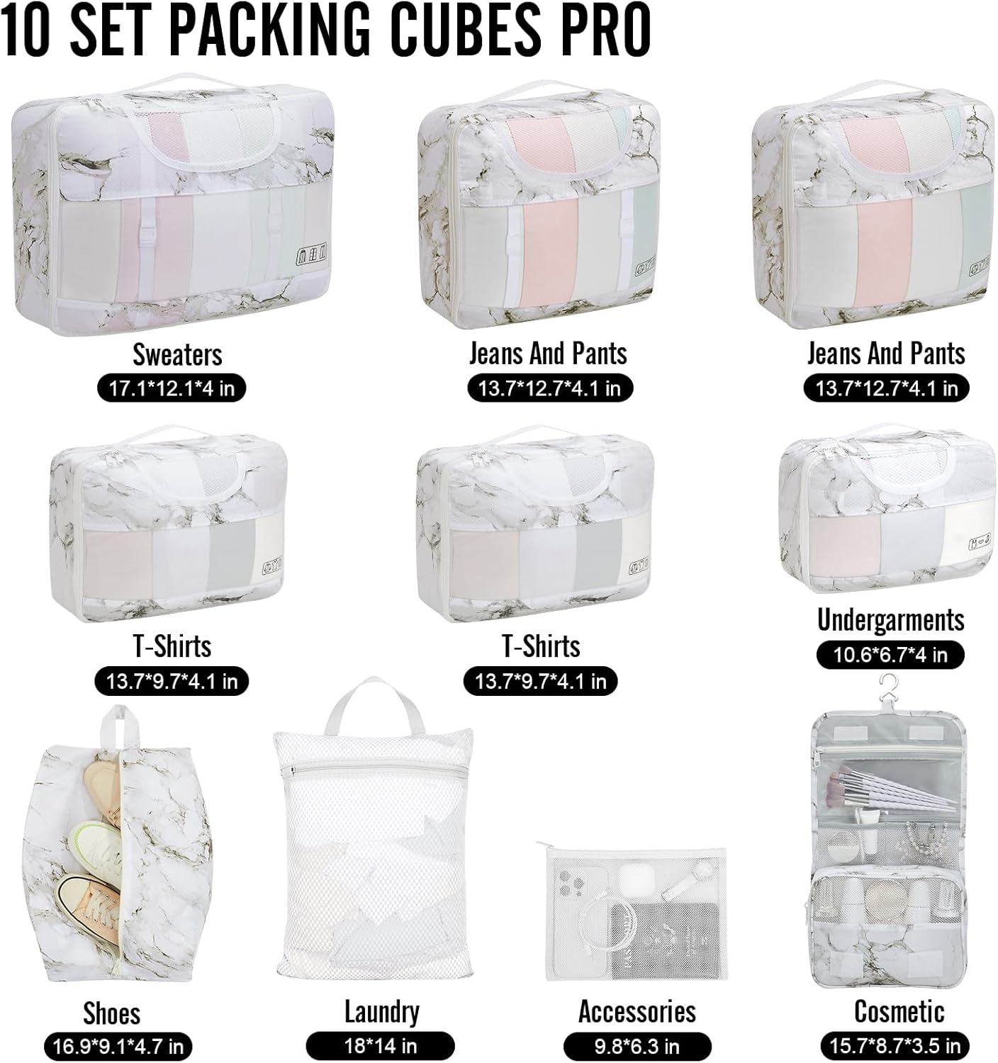 Veken 10 Set Packing Cubes for Travel Essential, Suitcase Organizer Bags in 4 Sizes, Carry-On Luggage Accessories with Large Laundry & Hanging Toiletry Bag, Must-Have for Airplane, Road Trip & Camping