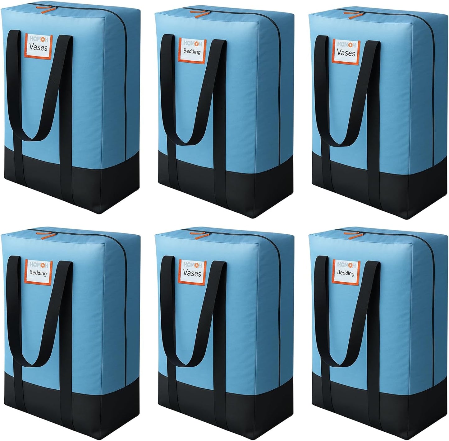 6 Pack Large Moving Bags, Storage Bag with Zipper, Heavy Duty Packing Bags with Internal Compression Straps, Wrap Around Handles, Alternative to Moving Boxes, Blue and Black
