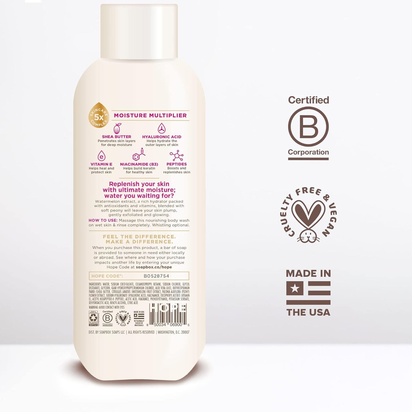 Soapbox Body Wash, Watermelon + Peony Body Wash for Women, Men, Vegan & Antioxidant Rich, Exfoliating, Moisturizing Soap with Shea Butter, Peptides & Keratin Promoting B3, 3 Pack, 20oz Each