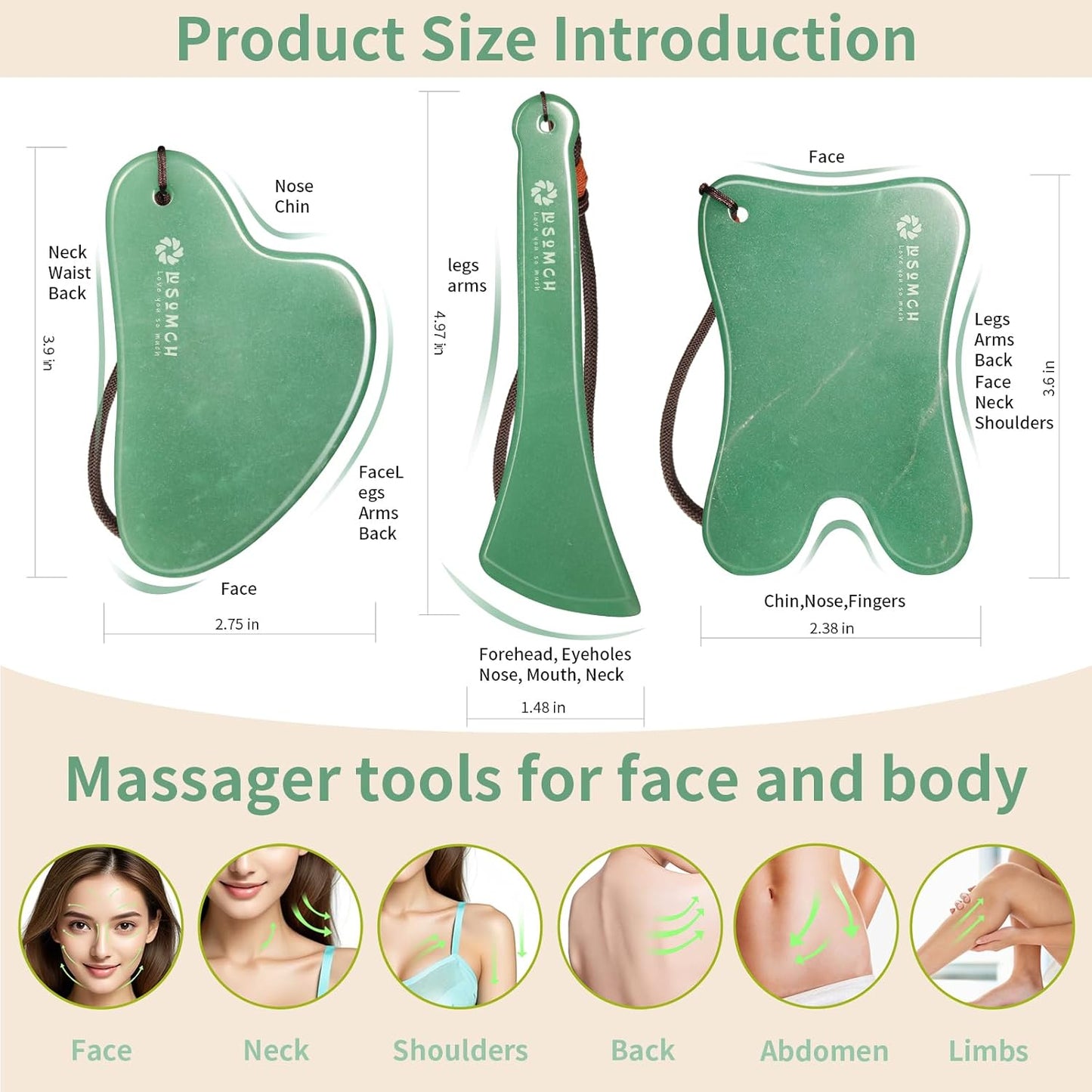 Gua Sha Tools 3 Pcs Natural Jade Gwashah Stone Instead of Stainless Steel Gua Sha Kit Anti-Drop Design, Smooth Massage Stones for Face,Neck,Jaw and So on Spa Tool for Everyone