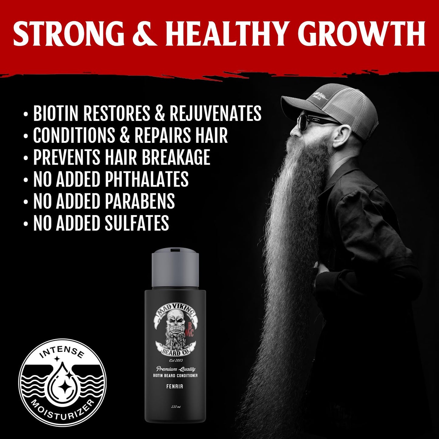 Mad Viking Fenrir Biotin Beard Conditioner – Restores, Moisturizes and Softens - Deep Conditioning and Reduced Frizz - Bold Bourbon, Neroli, Rum & Tobacco Scent, Made in the USA - 8oz