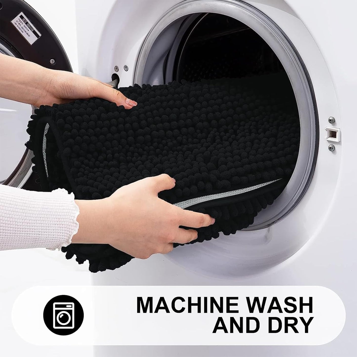 Grandaily Chenille Striped Bathroom Rugs 47x17, Extra Thick and Absorbent Bath Mats, Non-Slip Soft Plush Shaggy Shower Carpet, Machine Wash Dry, Bath Rug for Bathroom, Black