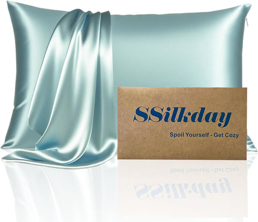 Mulberry Silk Pillow Cases with Zipper, Ultra Smooth Soft Breathable Cooling Pillow Cases for Hot Sleepers, Silk Satin Pillowcase for Hair and Skin, Gifts for Women (Haze Blue, Queen Size, 1 Pack)