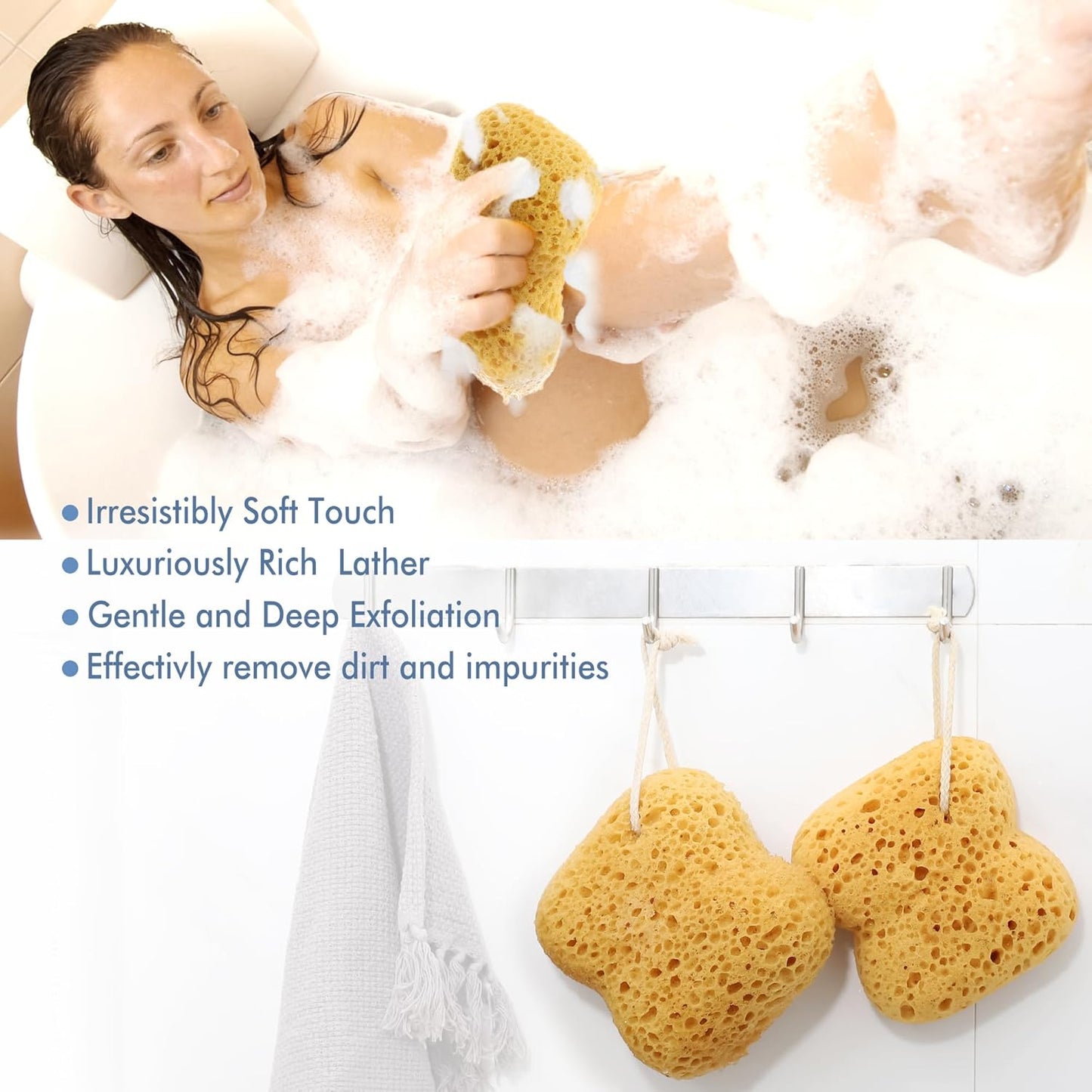 Sponges Bath, 2Pcs Larger Shower Sponges for Women Men, Exfoliating Body Sponge Dense Foam for Gentle & Deep Cleansing, Ultra-Soft for Sensitive Dry Skin