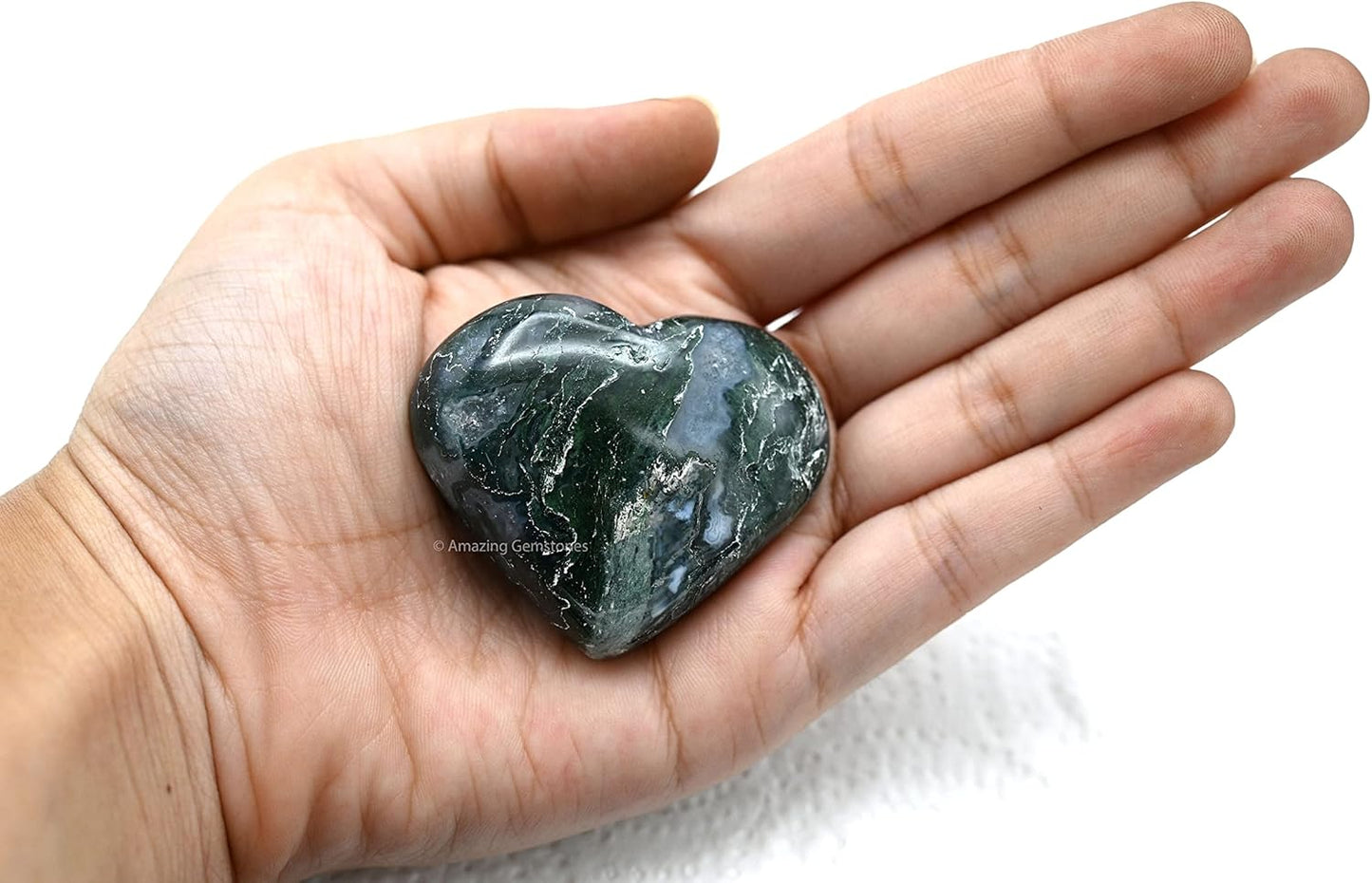 Moss Agate Crystal Heart Palm Stone - Pocket Massage Worry Stone for Natural Body Chakra Balancing, Reiki Healing and Crystal Grid