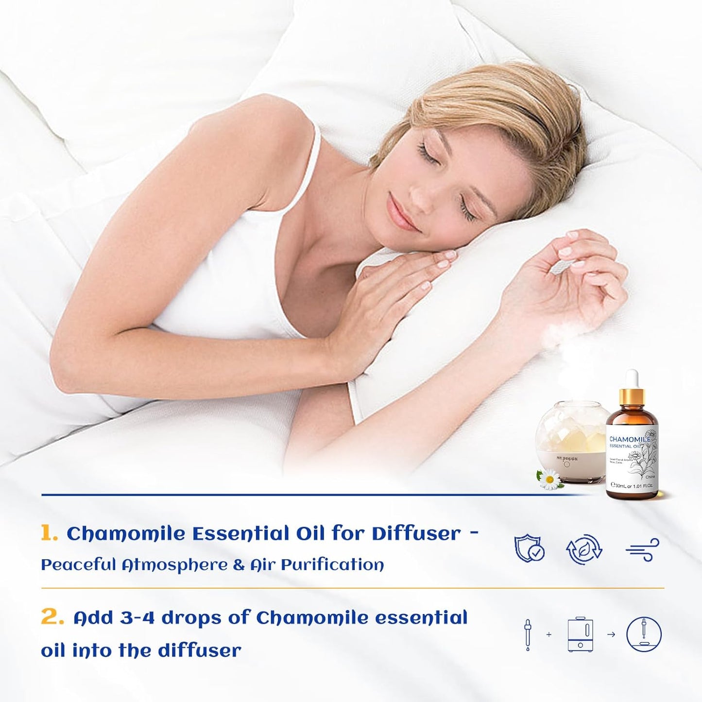 HIQILI 30ML Chamomile Essential Oil, Pure & Natural Chamomile Oil for Diffueser, Skin, Soap, Shampoo - 1.01 Fl Oz