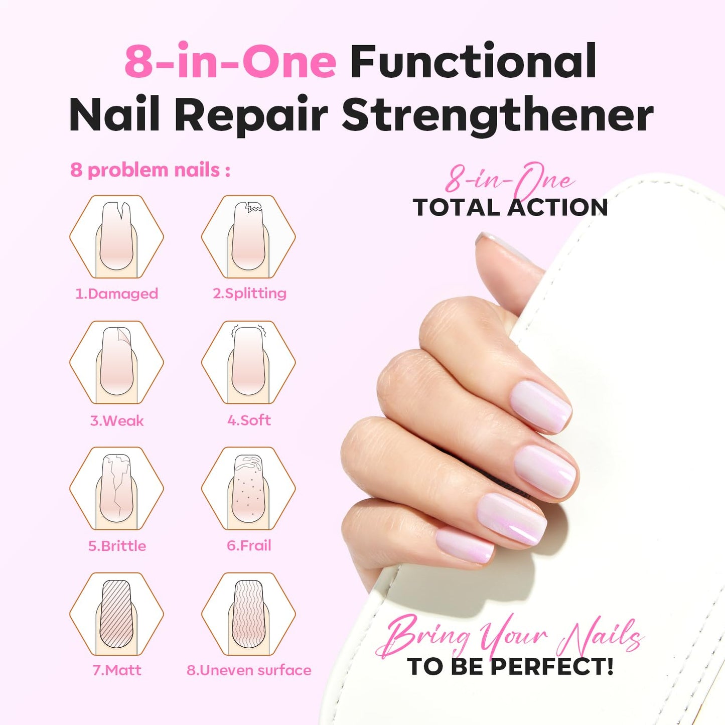 modelones Nail Strengthener Pearl Pink Nail Strengthener and Growth White Nail Polish for Thin Weak & Damaged Nail Repair for Damaged Nails Hardener 15ml