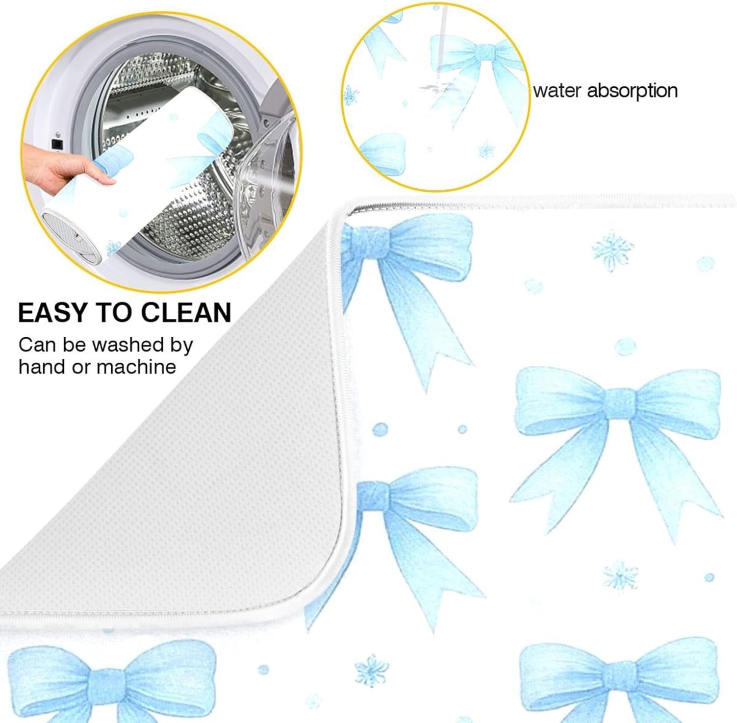 Blue Bow Ribbon Dish Drying Mat for Kitchen Countertop 18x24 Bowknot White Coquette Pattern Large Drying Mat Reusable Quick Dry Dish Sink Mats Easy Clean Decorative Essentials