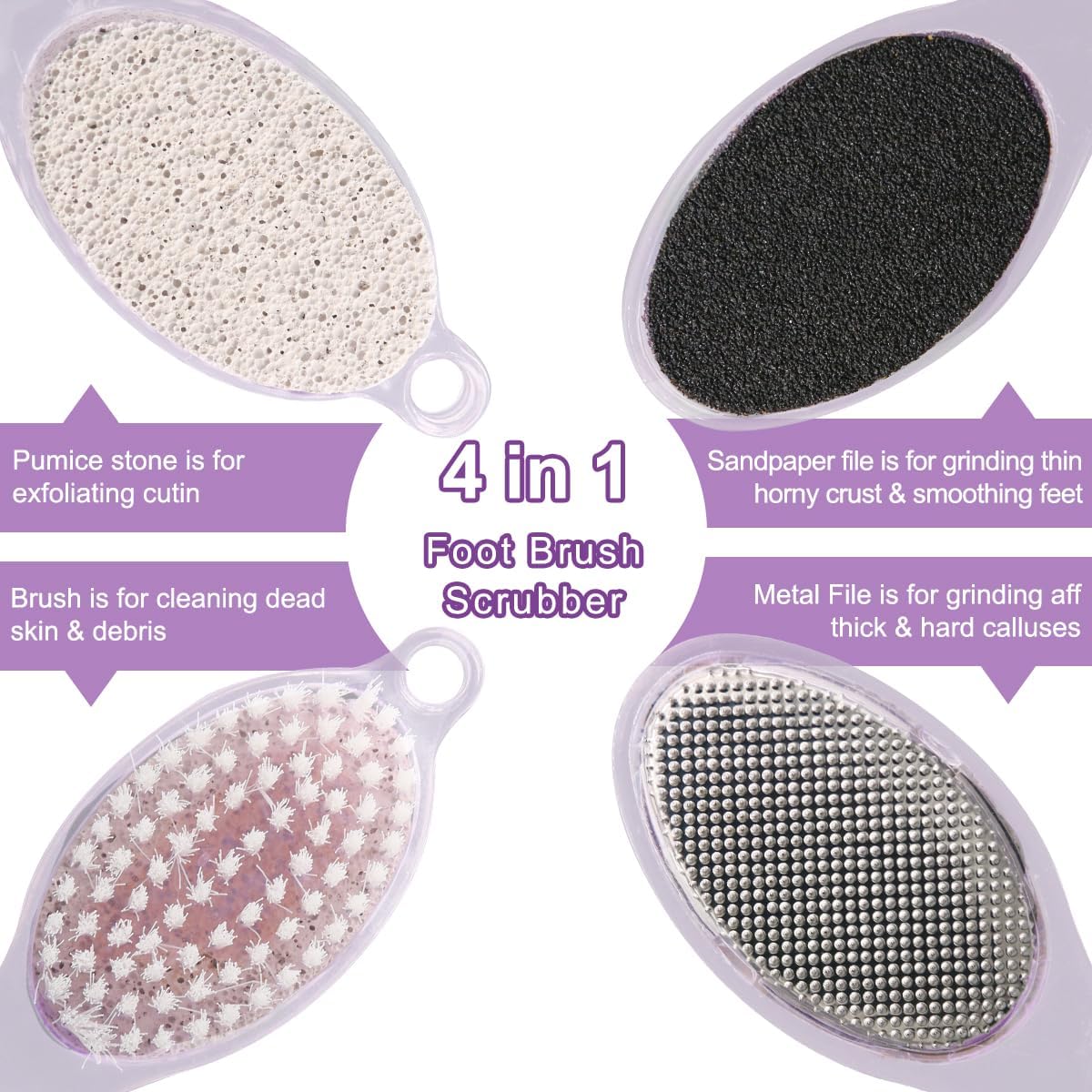 Foot Brush and Pumice Stone - 4 Pack Foot Brush Scrubber for Shower 4 in 1 Pedicure Foot File Exfoliator for Foot Care - Purple and Blue