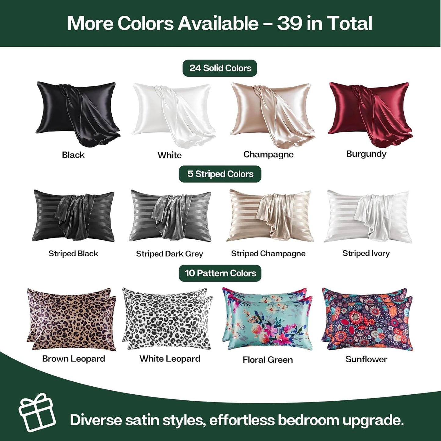 MR&HM Satin Pillowcase for Hair and Skin, Silk Satin Pillowcase 2 Pack, Queen Size Pillow Cases Set of 2, Silky Pillow Cover with Envelope Closure (20x30, Dark Green)