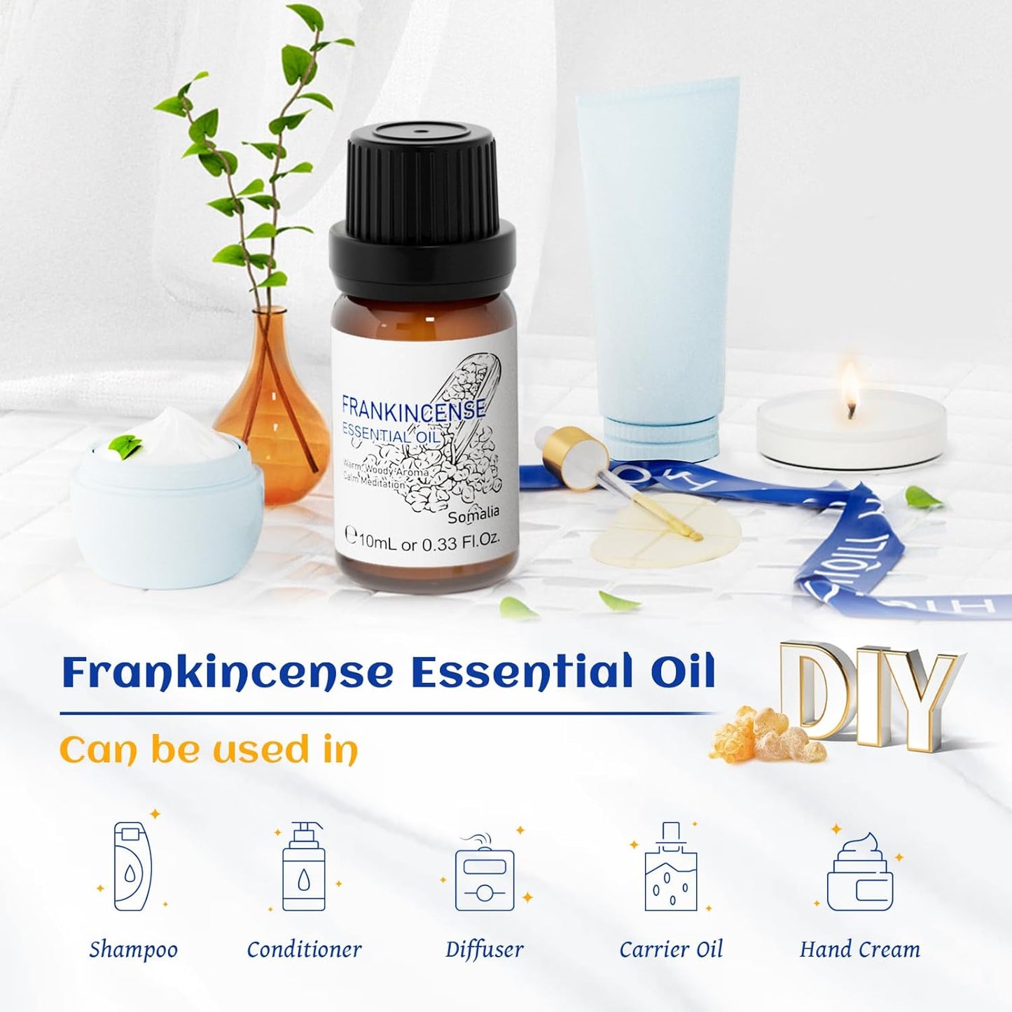 HIQILI 0.33 Fl Oz Frankincense Essential Oil, Relaxing, Skin Care, Camp Atmosphere Creation, Can be Added to Body Lotions, Creams, Aromatherapy Use - 10ml