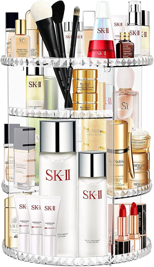 360 Degree Rotating Makeup Organizer,Large Capacity Make up Caddy Shelf,Acrylic Perfume Storage, Adjustable Skin Care Organisers for Dresser Tabletop and Bathroom, Clear (Diamond)