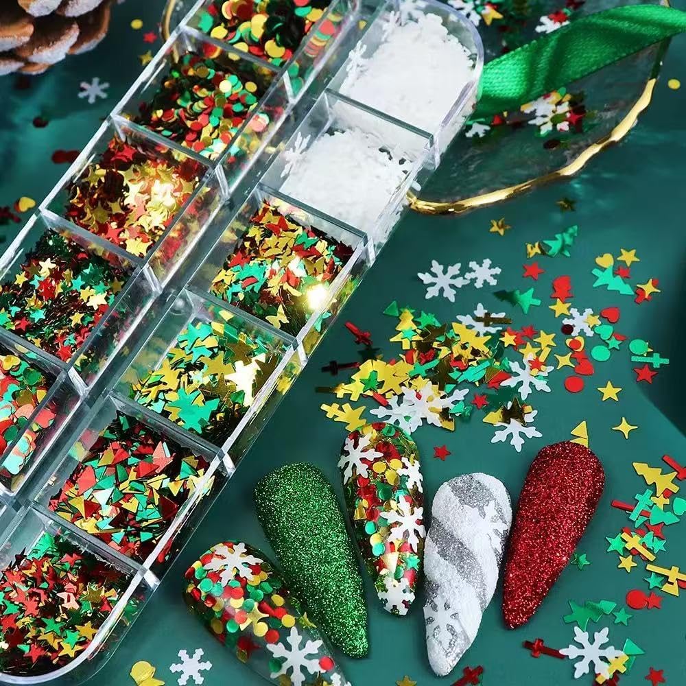 3 Boxes Christmas Nail Art Sequins 3D Holographic Snowflake Xmas Tree Star Nail Art Glitter Sequins Winter Nail Decoration Supplies for Women DIY Manicure (36 Grids)