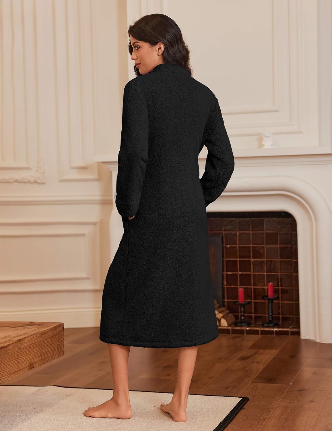 Ekouaer Women's Zip Up Robe Fleece Bathrobe Long Zipper Lounger Warm Housecoat Long Sleeve Nightgown with Pockets S-XXL