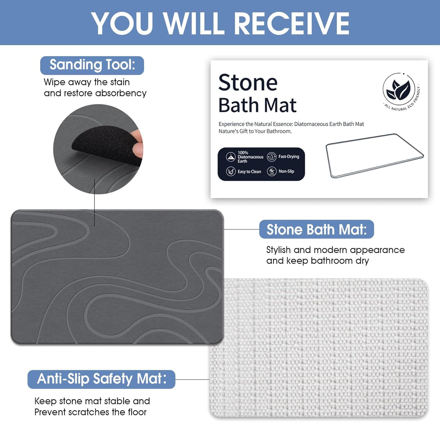 Stone Bath Mat Diatomaceous Earth Shower Mat Non-Slip Super Absorbent Diatomite Stone Bath Mats for Bathroom Floor Quick Drying Natural Easy to Clean