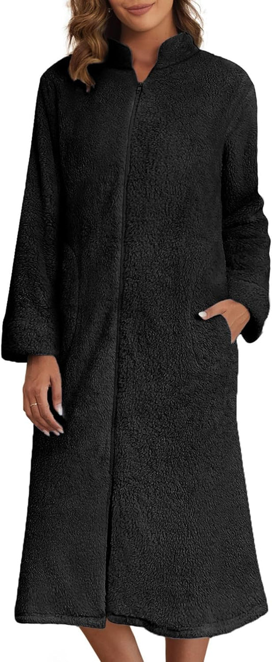 Ekouaer Women's Zip Up Robe Fleece Bathrobe Long Zipper Lounger Warm Housecoat Long Sleeve Nightgown with Pockets S-XXL