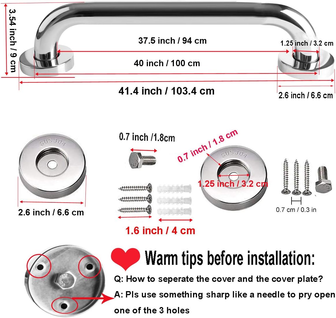2 Pack 40 Inch Shower Grab Bar, iMomwee SUS304 Stainless Steel Bathroom Grab Bar Handle, Bathroom Shower Balance Bar,Safety Hand Rail Support,Handicap Elderly Senior Assist Bath Handle(1.25" Diameter)