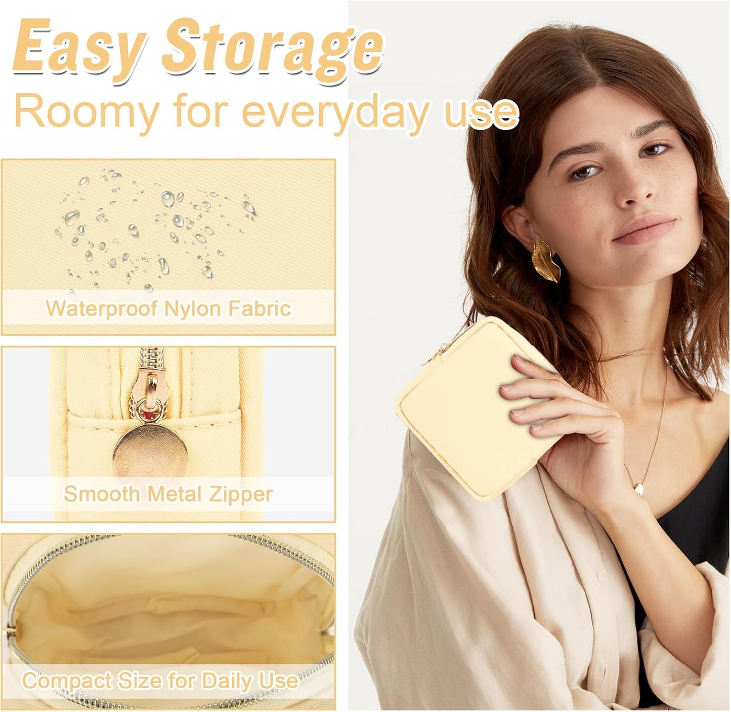 Nylon Mini Makeup Bag for Purse, Preppy Small Cute Makeup Bag Cosmetic Zipper Pouch Purse, Waterproof Travel Coin Pouch Sanitary Napkin Storage Bag Clutch Makeup Organizer for Women Men Girls(Beige)