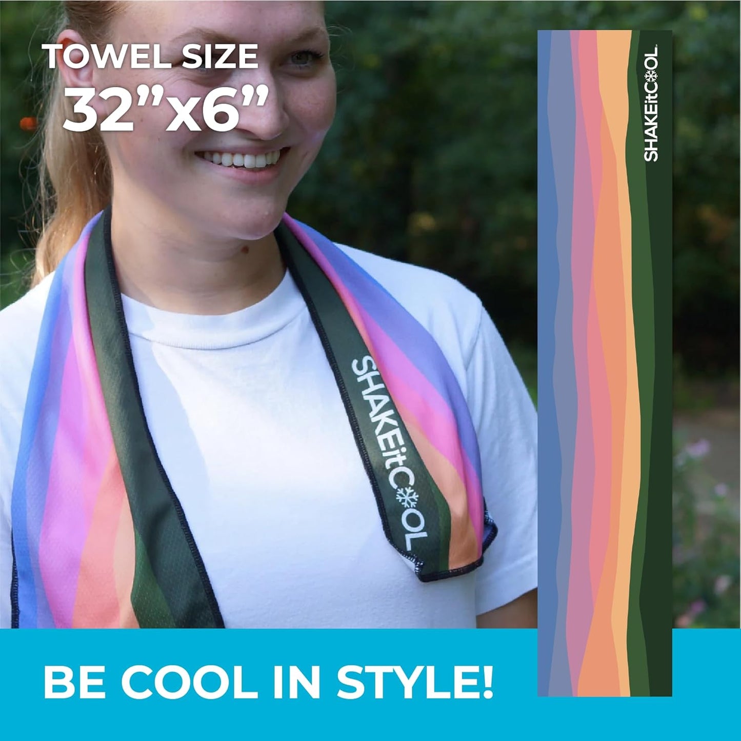 SHAKEitCOOL Original Cooling Towel – Be Cool in Style - Heat Relief, Soft, Lightweight, Sun Protection, Easy Clean - Perfect for Biking, Running, Yoga, Gym, Gardening - Sunset Mountain