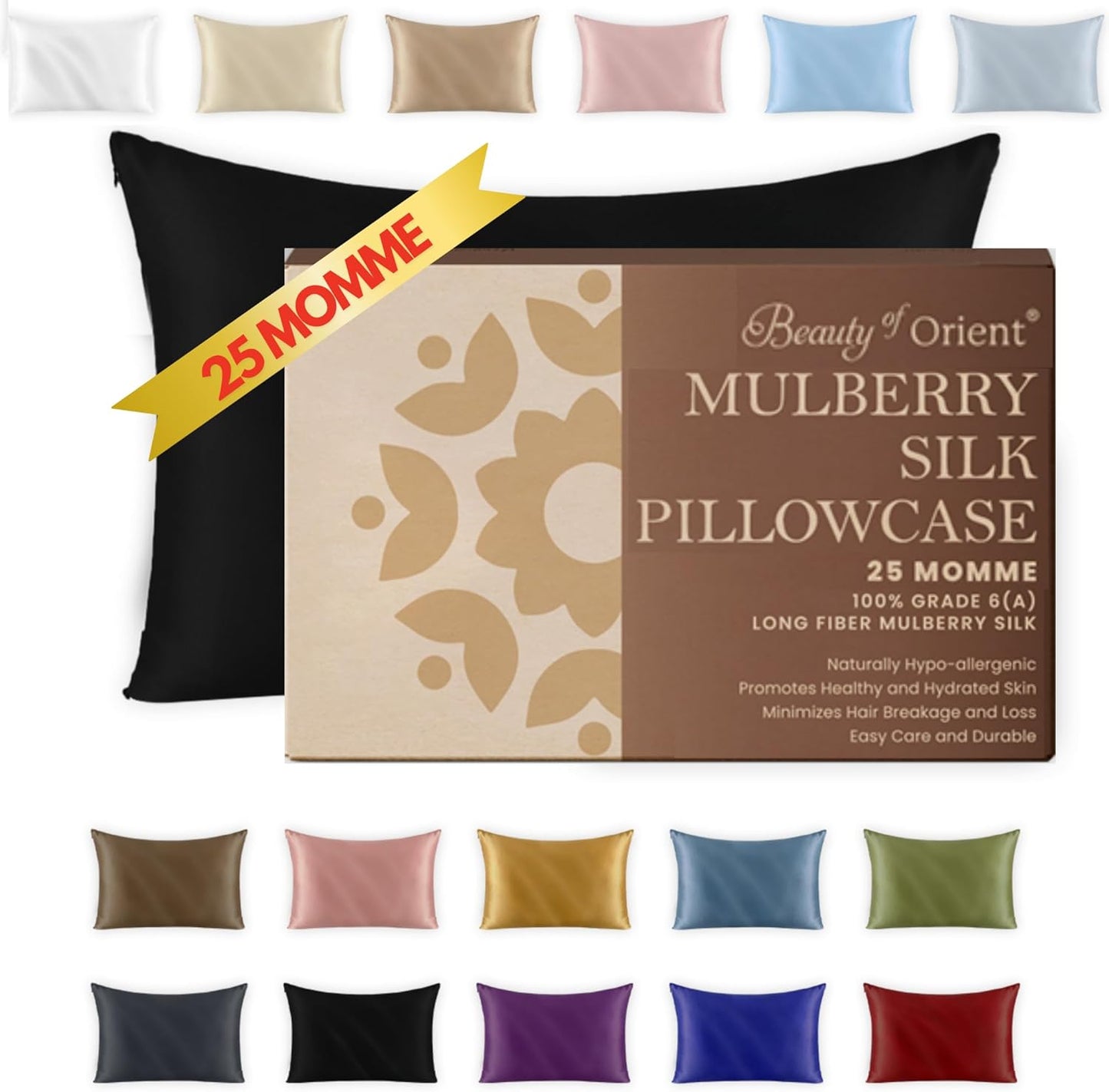 25 Momme Premium Mulberry Black Silk Pillowcase for Hair and Skin | Handcrafted Hypoallergenic & Anti-Acne Silk Pillow Cases with Zipper | Queen - 20" x 30", Midnight