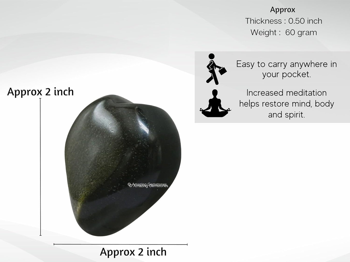 Amazing Gemstone Golden Sheen Obsidian Crystal Heart Palm Stone - Pocket Massage Worry Stone for Natural Body Chakra Balancing, Reiki Healing and Crystal Grid