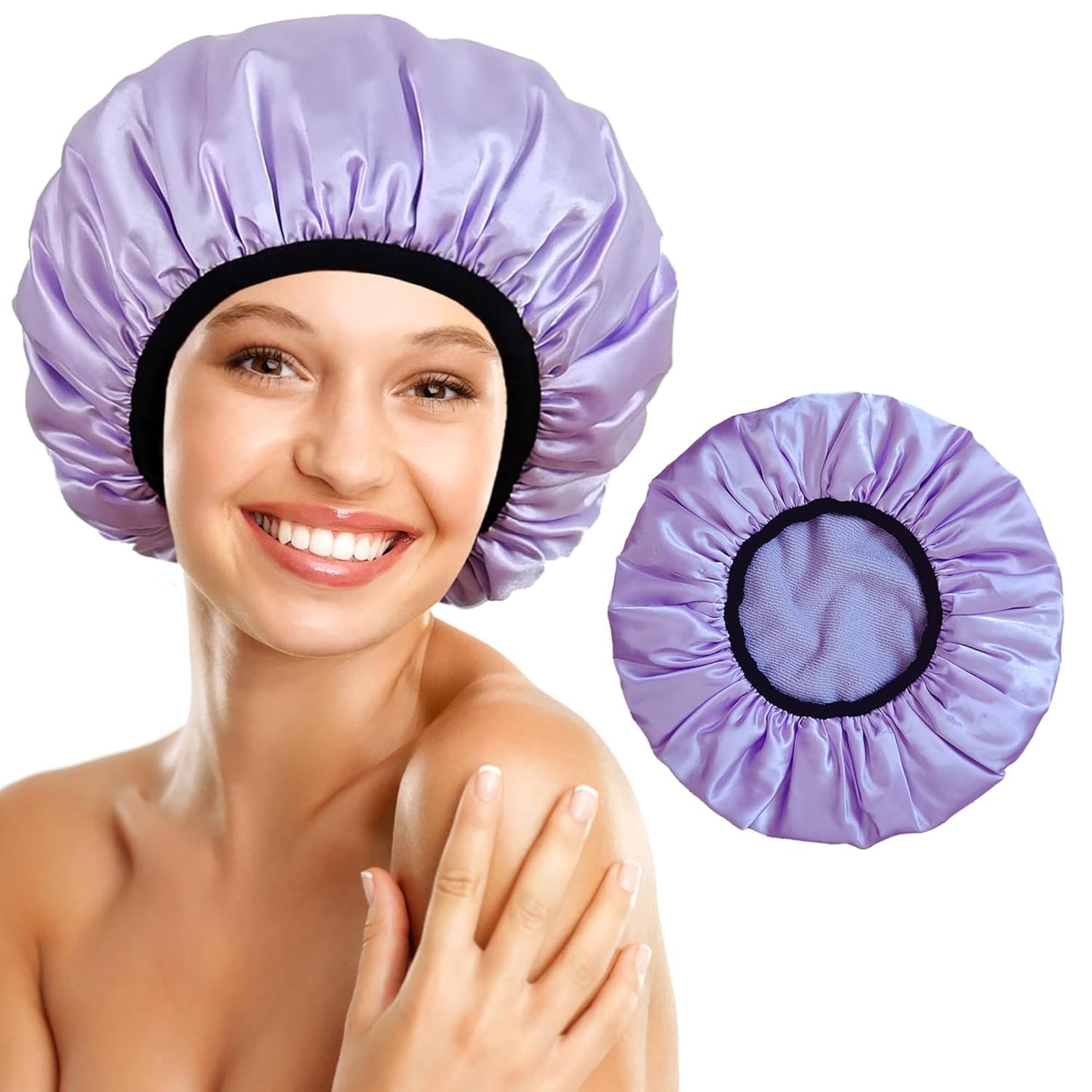 Shower Cap Reusable Waterproof, Terry Lined Shower Caps for Women, Triple Layer Hair Cap for Shower, Large Plastic Shower Cap for Braids Long Hair