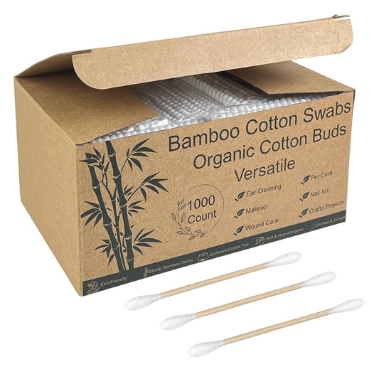 1000 ct Bamboo Cotton Swabs - Sturdy Bamboo Core, Soft Cotton Tips - Disposable Swabs for Beauty, Makeup, Beauty, Skincare and Personal Care - Eco-Conscious Packaging