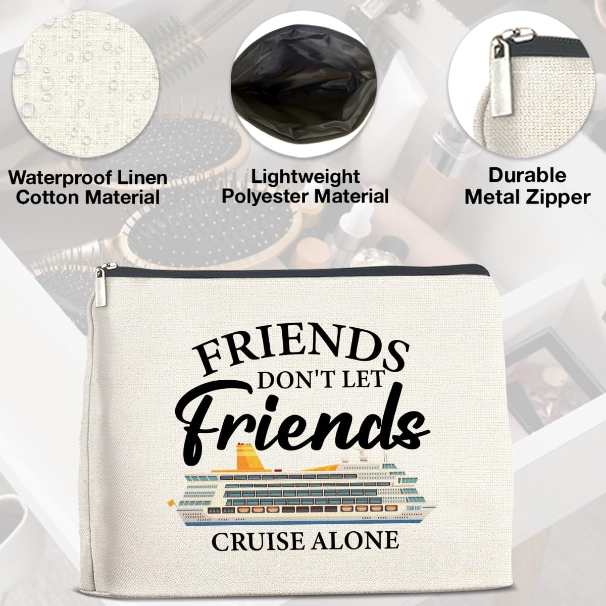 Cruise Makeup Bag Cruise Gifts for Bestie Best Friend Travel, Friends Don't Let Friends Cruise Alone Cosmetic Bag Zipper Makeup Pouch