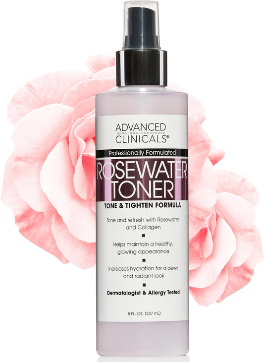 Advanced Clinicals Collagen + Rosewater Facial Mist Toner W/Charcoal & Aloe Vera. Alcohol-Free PH Balancing Formula Detoxifies & Hydrates Skin Improving Overall Skin Tone, Calming Face Mist, 8 Fl Oz