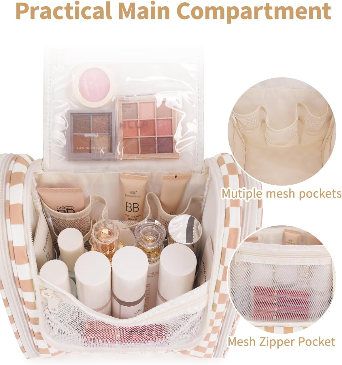 Narwey Checked Hanging Travel Toiletry Bag for Women, Travel Bag for Toiletries, Makeup Bag Organizer Cosmetic Bags Make Up Bags for Women (Light Checkerboard)