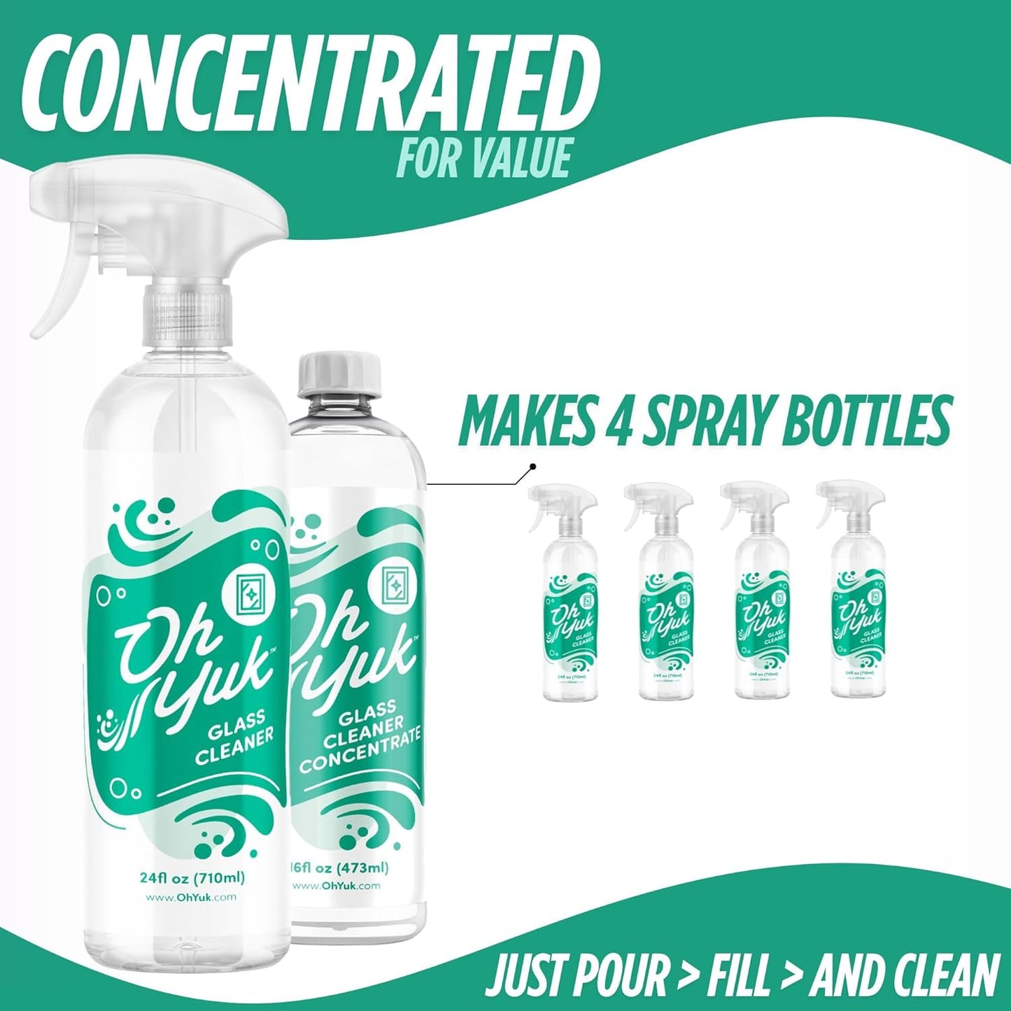 Oh Yuk Glass Cleaner Combo – Includes 24 oz Spray + 16 oz Concentrate Refill (Makes 5 Sprays) | Streak-Free Cleaning for Mirrors, Windows & More | Vegan, Made in USA